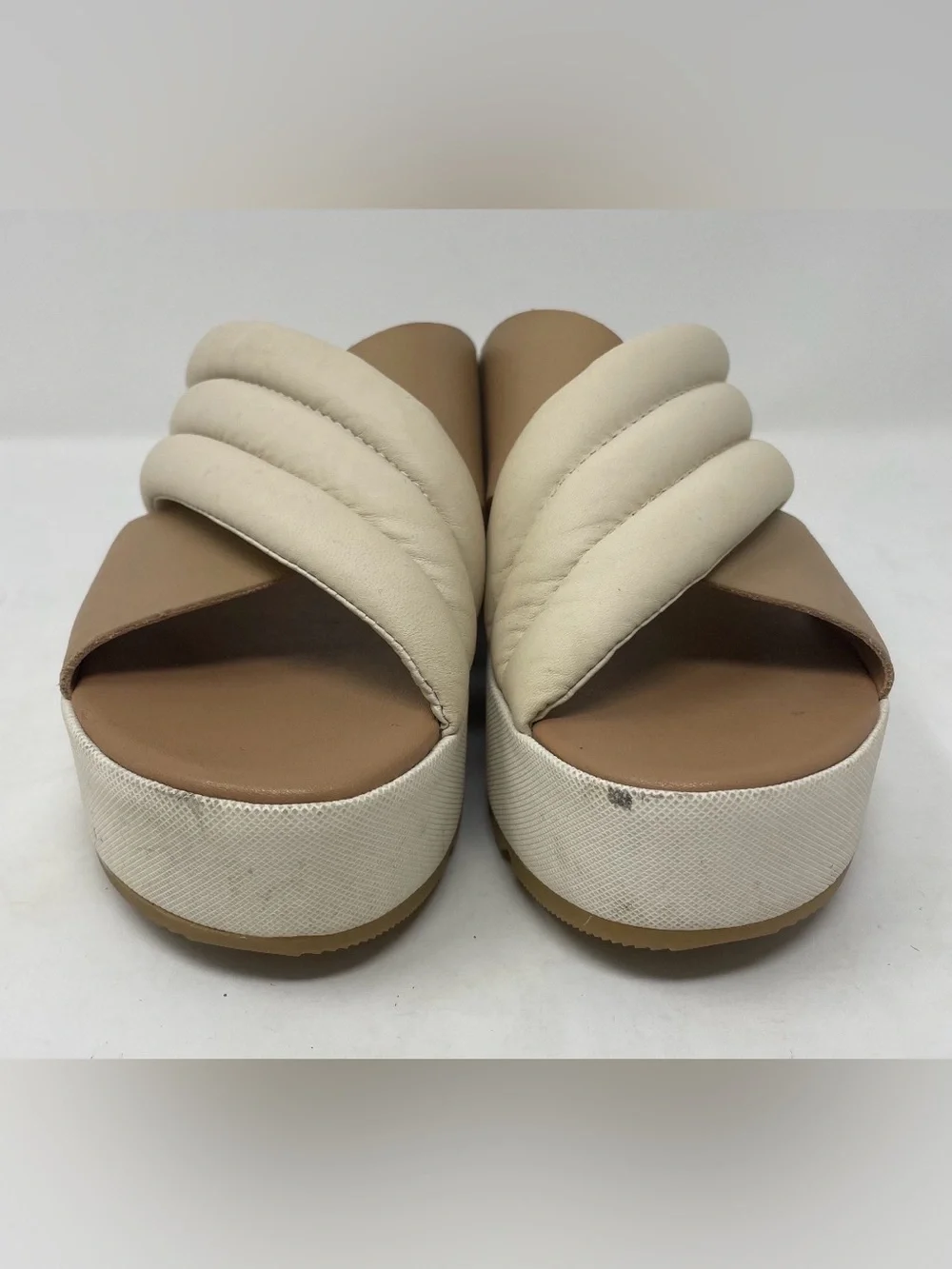 Sorel Cream and Tan Padded Platform Slide Wedge Sandal Size 6.5